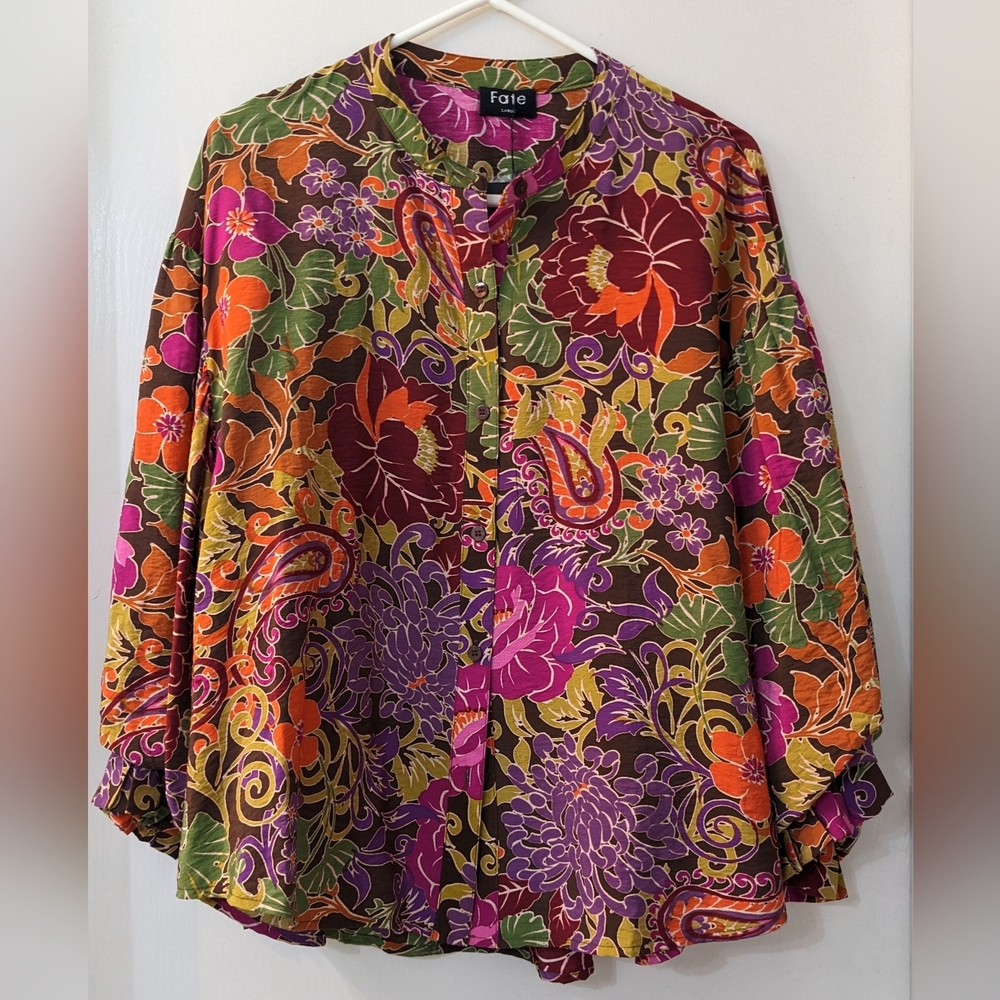 Fate by FLD floral bubble ruffle sleeve oversized blouse size large multi colors